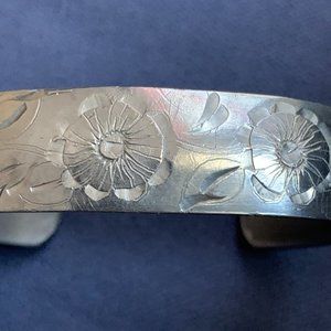 Vintage Hand Engraved "Daisy" Pewter Cuff Bracelet